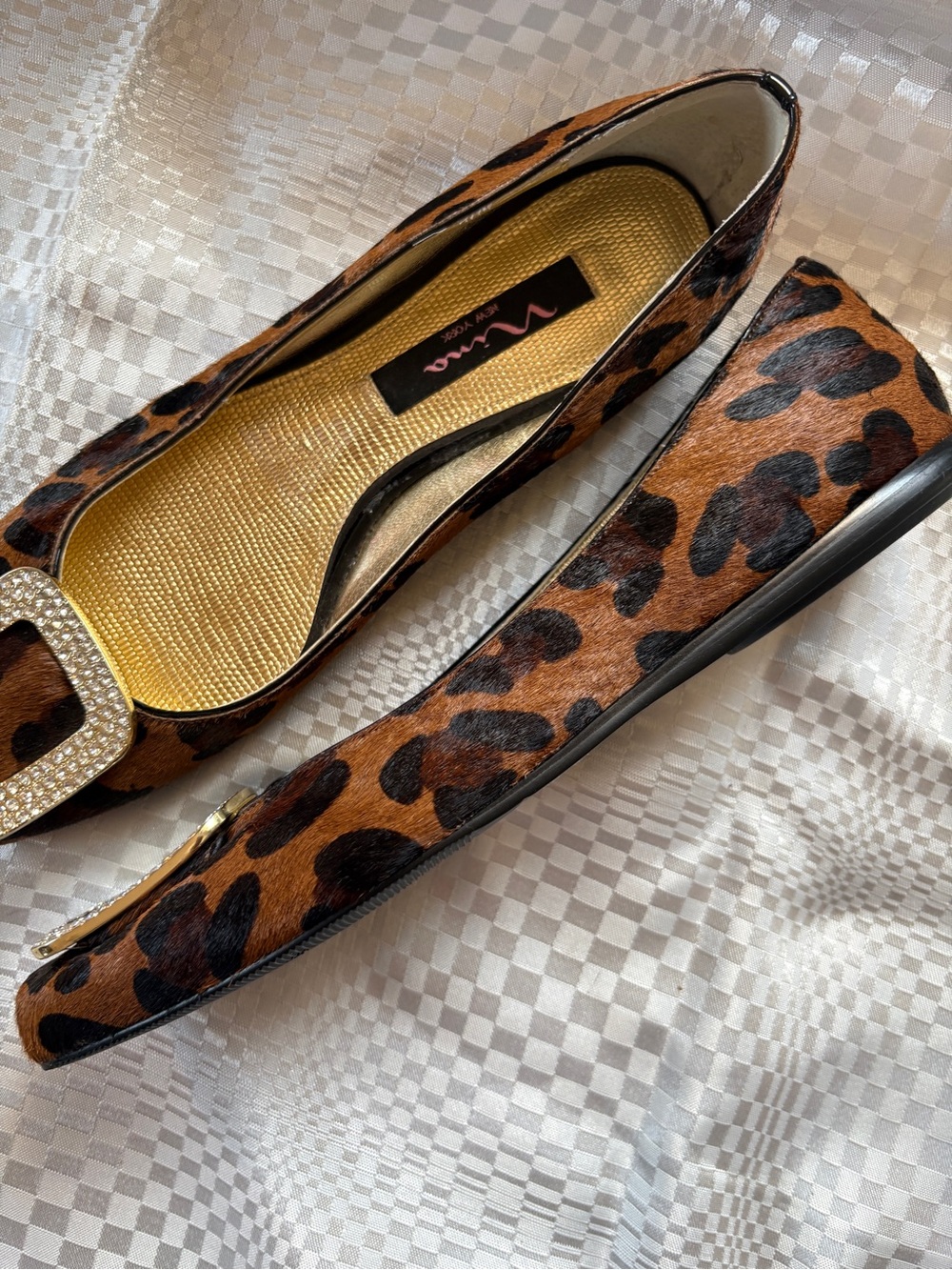 Nina Leopard-Print Animal Hair SquareToe Flats with Crystal/Rhinestone Buckle.